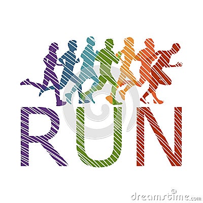 Running marathon, people run, colorful poster. Vector illustration background silhouette Cartoon Illustration